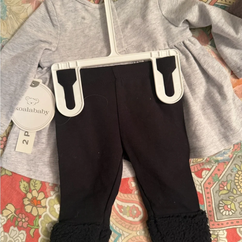 Gray top with bunnies and black bottom Set and Stuffed Bunny  0-3mo NWT